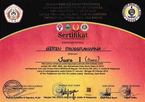 Piagam Kejuaraan Nasional Pencak Silat Pakubumi Smp Telkom Bandung
