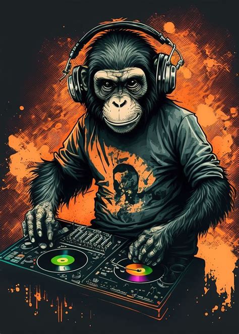 Monkey Headphone Dj Music Poster Picture Metal Print Paint By