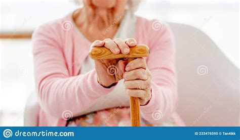 Senior Woman With Walking Stick Stock Image Image Of Senior Home