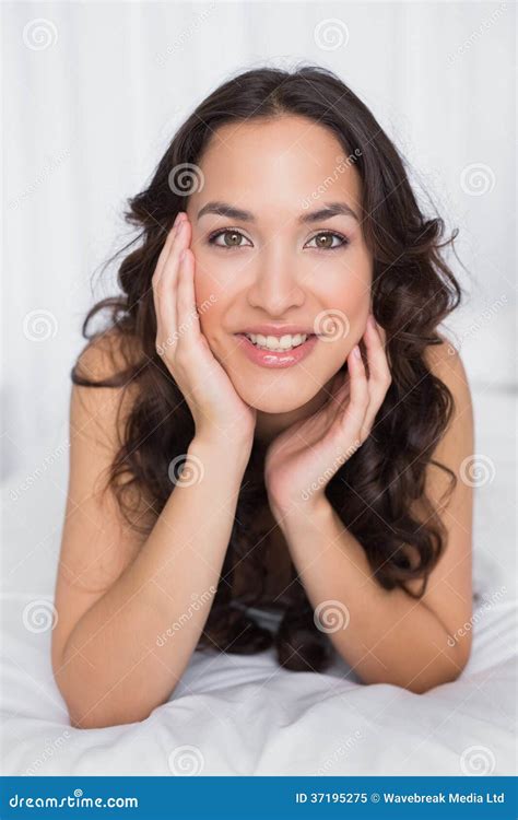 Smiling Pretty Brunette Lying In Bed Stock Image Image Of Camera Female 37195275
