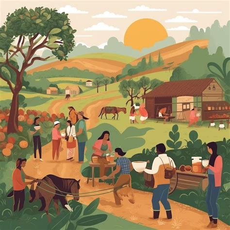 Premium Photo A Colorful Illustration Of People Working In A Farm