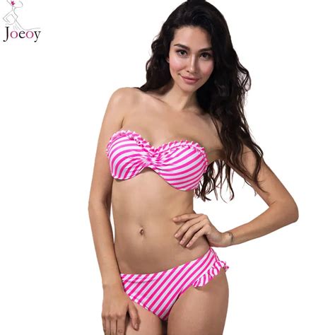 Women Pink Striped Frill Trims Push Up Bandeau Bikini Top And Bottom