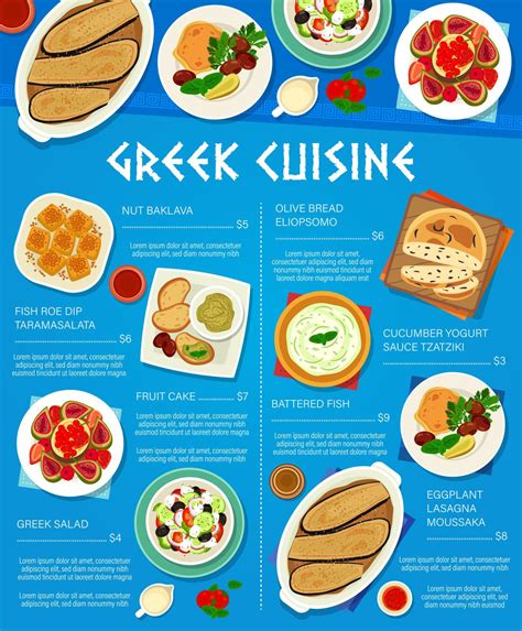 Greek Cuisine Restaurant Meals Menu Template 12484296 Vector Art At