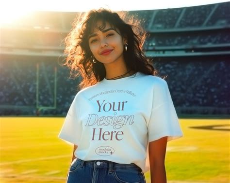 Latina Woman Mockup White Gildan Tshirt Mockup Football Stadium Tshirt Mockup Halftime