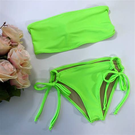 Womens Neon Green Swimsuit Bandeau Bikini Two Piece Etsy