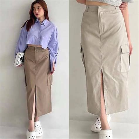 Jual ROK CARGO SPAN WANITA ROK KATUN CARGO TWILL ROK CARGO BELAH DEPAN