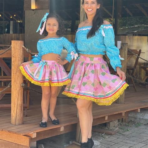 Conjunto Junino Fantasia Caipira Saia Blusa Azul Feminino Elo