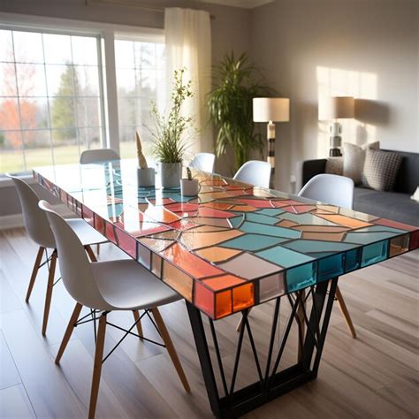 Mesa de vidrio de colores brillantes con sillas y un sofá en una sala