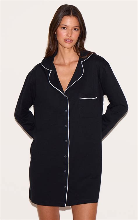 Black Jersey Piping Detail Long Sleeve Nightdress Lingerie Nightwear Plt Aus