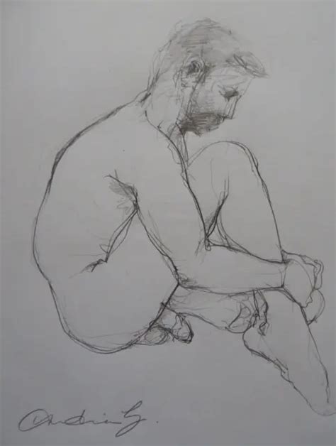 Pencil Sketch Life Drawing Of A Male Nude In A Floor Seated Crouching