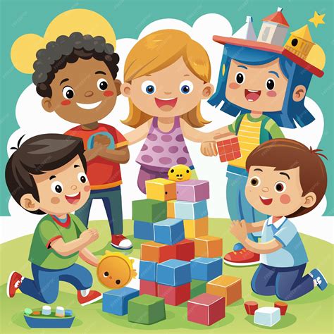 Cuatro niños felices jugando con bloques juntos en un parque cubierto