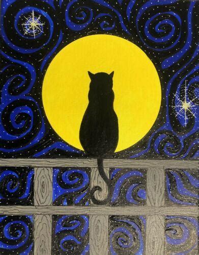 Original Pop Art Full Moon Cat Painting, 14x11", Acrylic On Canvas ...