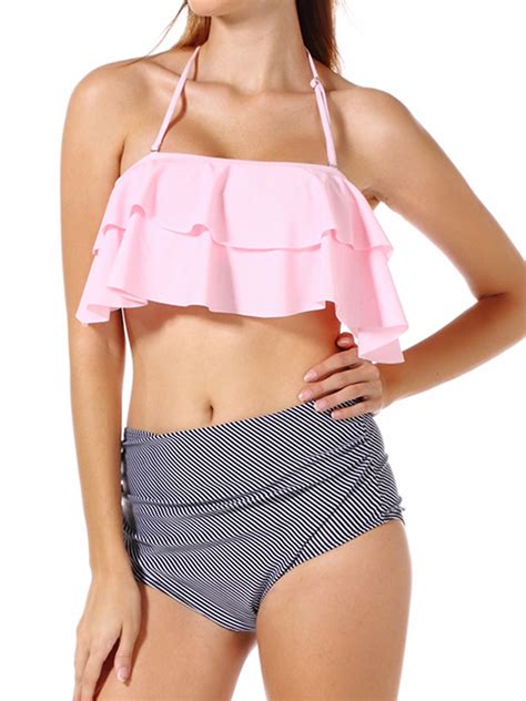 Youloveit Women Tankini Set Swimsuit High Waisted Falbala Bikini Set Two Piece Swimming Suits