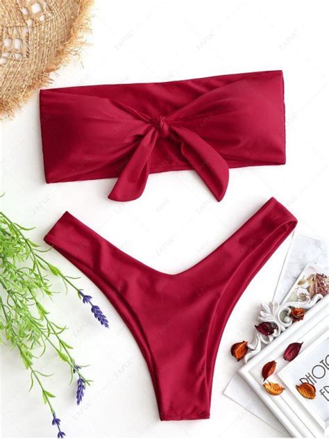 OFF Bowtie High Cut Bandeau Bikini In RED ZAFUL
