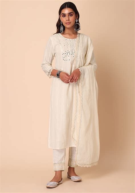 Buy Women White Cotton Straight Kurta With Pants And Dupatta Set Of 3