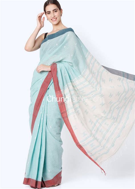 Get Pure Cotton Blue Sky With Maroon Border Saree At 1800 LBB Shop