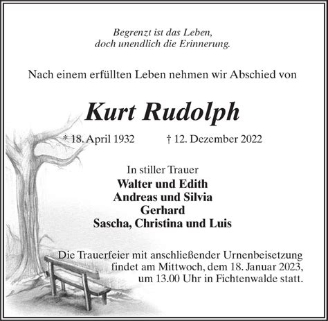 Traueranzeigen Von Kurt Rudolph Trauer Anzeigen De