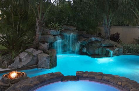 Lagoon Pool with Spa, Grotto Waterfall, and Fire Pit | Lucas Lagoons