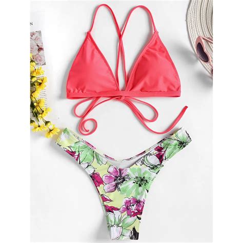 Hot Sale Triangle Bikini Criss Cross Floral Bikini Set Sexy Women Thong Bikini Brazilian