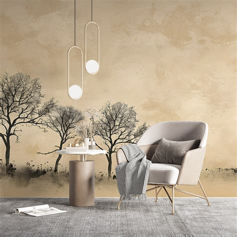 Trees On Beige Background Mural Beige Decorative Plaster Wallpaper