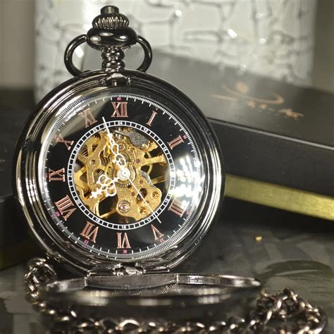 Luxury Skeleton Black Retro Antique Skeleton Mechanical Pocket Watch