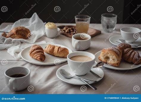 Ein Tisch Mit Esstisch Und Tassen Kaffee Und Croissants Ai Generation