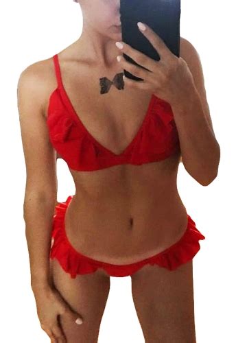 New Sexy Women Frilly Bikini Set Ruffles Self Tie Backless Low Waist Two Pieces Frill Beach