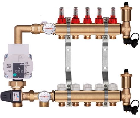 Rozdzielacz mosiężny do podłogówki 5 sekcji ogrzewania z GRUPĄ POMPOWĄ