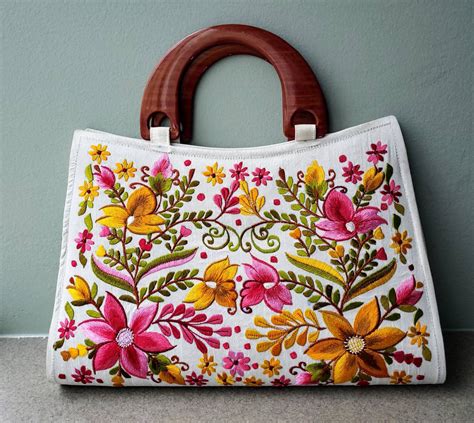 RESERVED FOR LEAH Embroidered Cream Floral Handbag Rainbow Floral