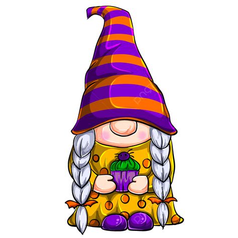 Halloween Gnome Girl Holding Cup Cake With Spider Halloween Gnome