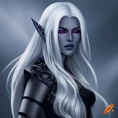 Portrait Of A Drow Priestess With Purple Eyes And Long Silky White Hair