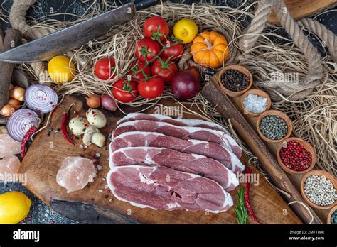 Raw Steak With Spices Organic Red Raw Steak Sirloin Against A