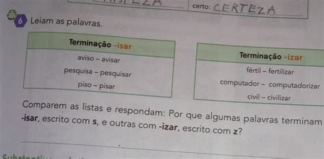 Palavras Que Terminam Com Isar - 6 Leiam as palavras. Terminação -isar Terminação -izer aviso - avisar ...