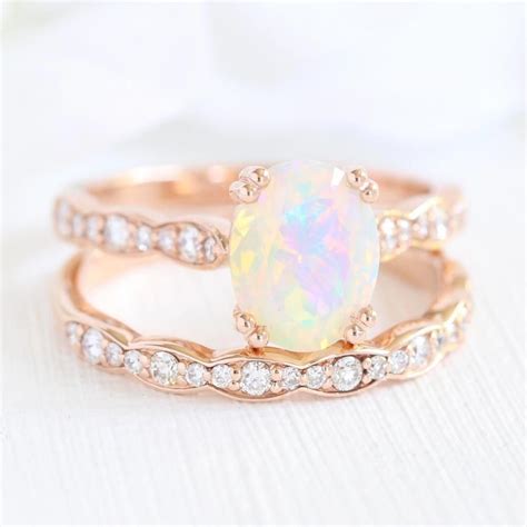 Elegant Opal Bridal Set Features A Rose Gold Opal Engagement Ring Set