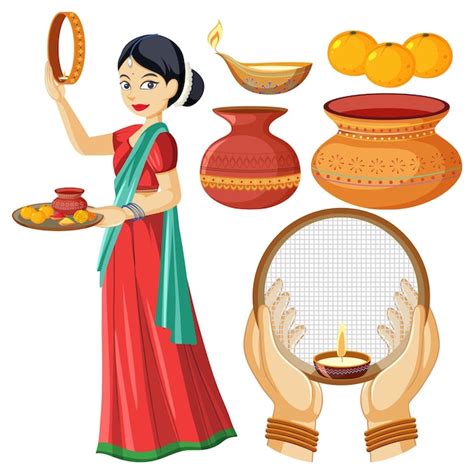 Premium Vector Set Of Karva Chauth Element Cartoon