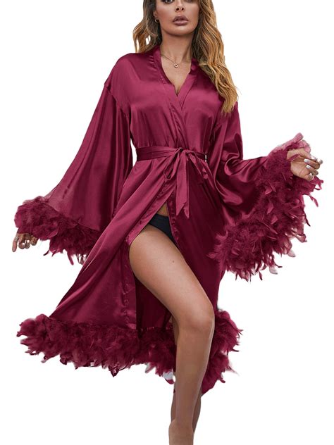 Women Lingerie Feather Robe Long Sheer Kimono Robe See Through Babydoll Bridal Robes Nightgown
