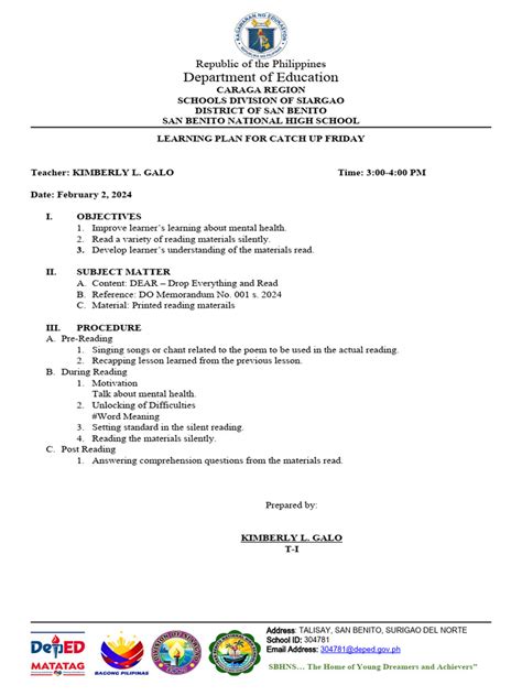 Catch Up Friday Lesson Plan Mapeh Pdf