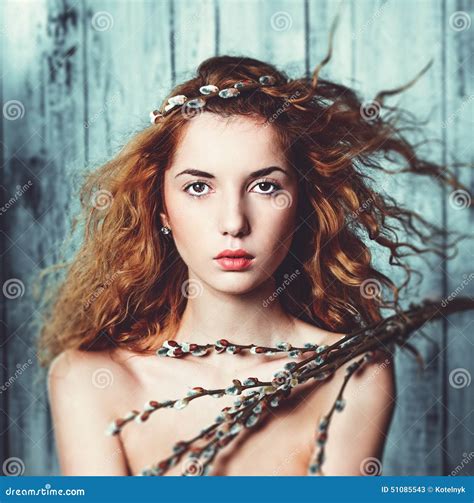 Woman Posing With Pussy Willows Stock Image Image Of Portrait Attractive