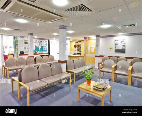 Empty waiting room in large NHS hospital. A quiet space without any