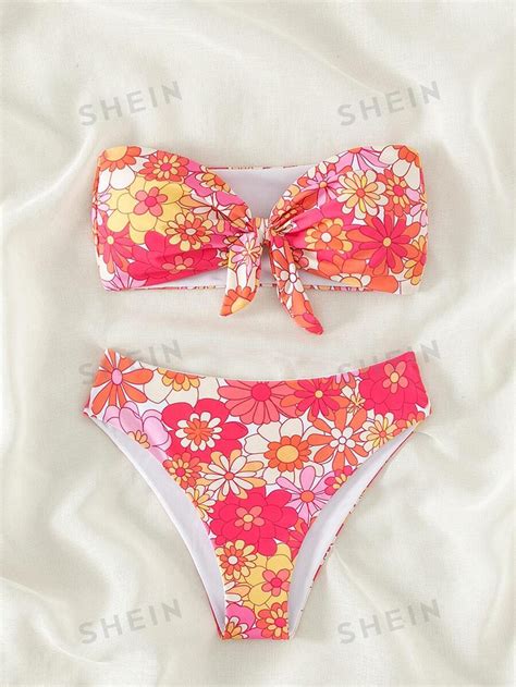 SHEIN Swim Mod Conjunto De Bikini Con Estampado Floral Sujetador Tipo