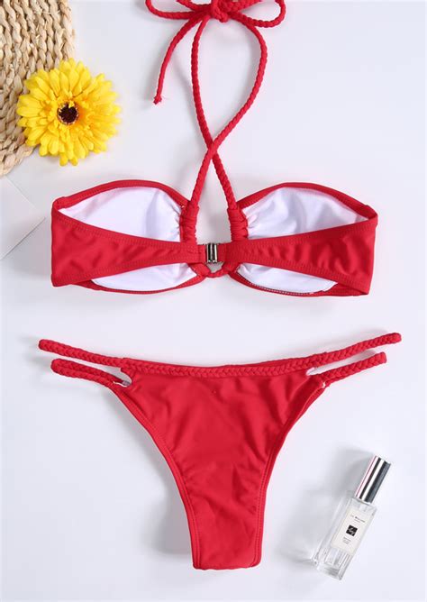 Solid Hollow Out Halter Bikini Set Fairyseason