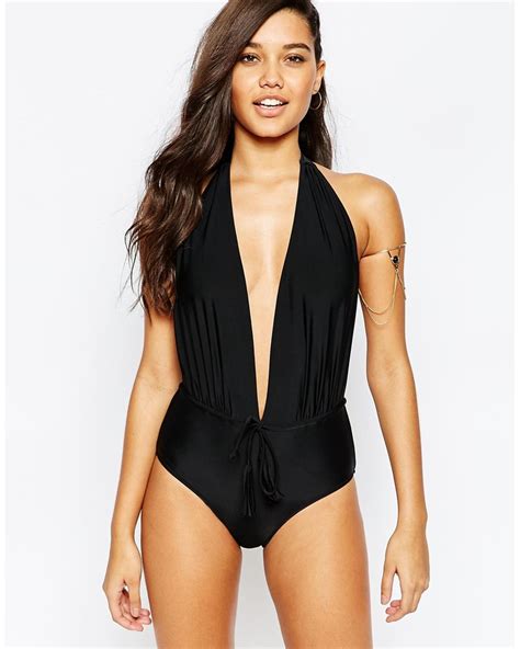 Missguided Plunge Halter Neck Swimsuit In Black Lyst