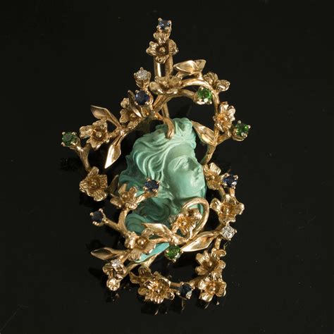 K Turquoise Cameo Pendant With Diamonds Sapphires Garnets