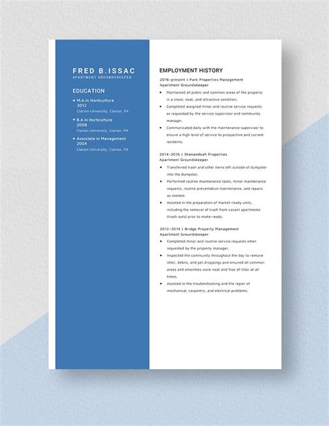 Apartment Grounds Keeper Resume in Pages, Word, PSD - Download ...