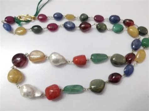 Natural Navratan Gemstone Smooth Oval Shape Stone Beads Necklace