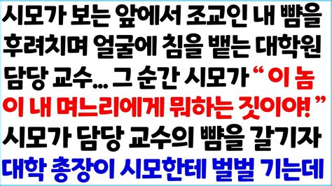 반전사이다사연 시모가 보는 앞에서 조교인 내 뺨을 후려치며 얼굴에 침을 뱉는 대학원 담당 교수 그 순간 시모가 이