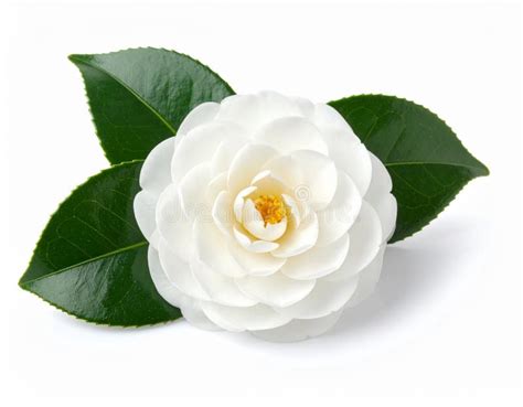 close    beautiful white camellia flower  green leaves stock
