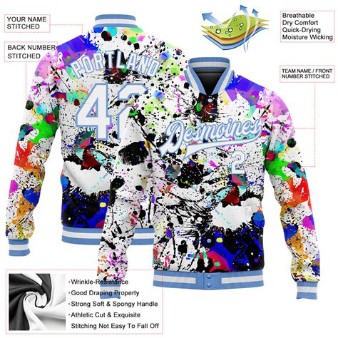 Custom Graffiti Pattern White Light Blue Splashes 3d Bomber Full Snap Varsity Letterman Jacket