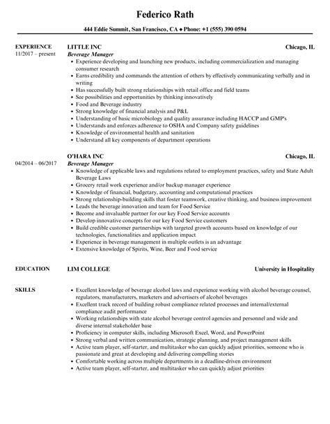 Beverage Manager Resume Samples | Velvet Jobs