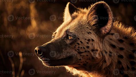 Portrait Of A Hyena In The Morning Sunlight In The African Savannah